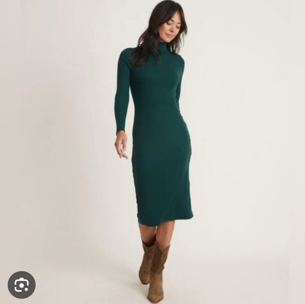 Marine Layer Lexi Long Sleeve Mock Turtle Neck Ribbed Midi Dress Dark Green Sz S